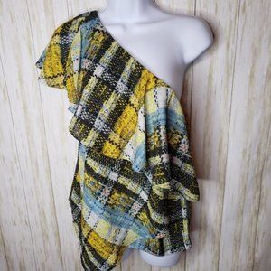 Project Runway Top Asymmetrical One Shoulder Plaid Yellow Black Size Small NWT